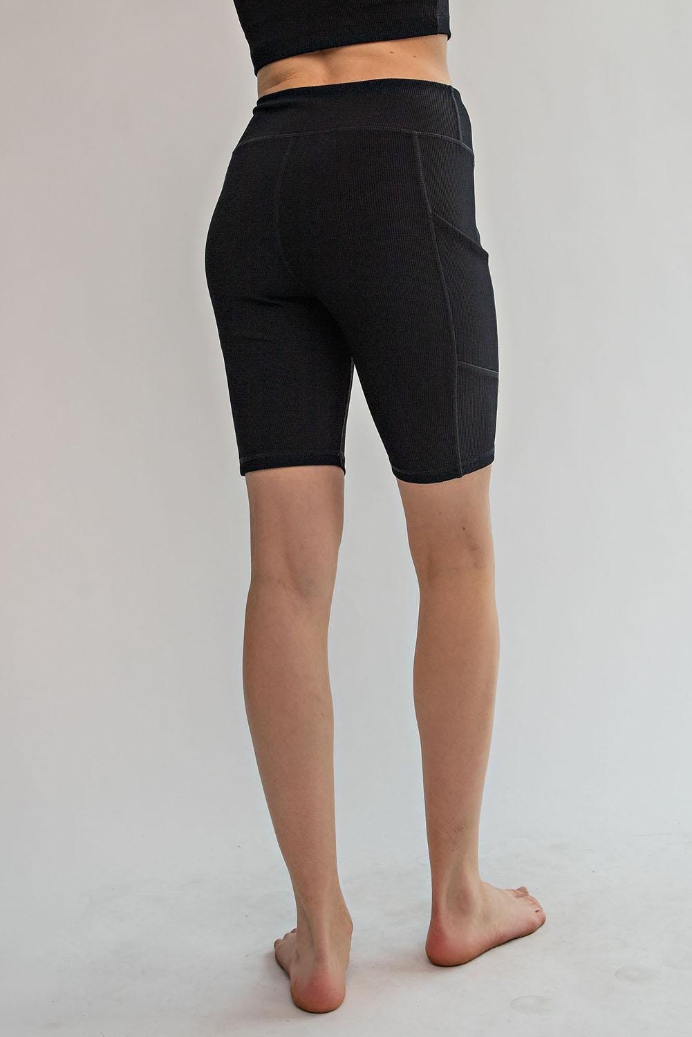 Thick High Waisted Nylon Rib Pocket Shorts, Tummy Control Workout Yoga Shorts, Womens Yoga Shorts with Pockets, Regular Size, Plus Size S-3X