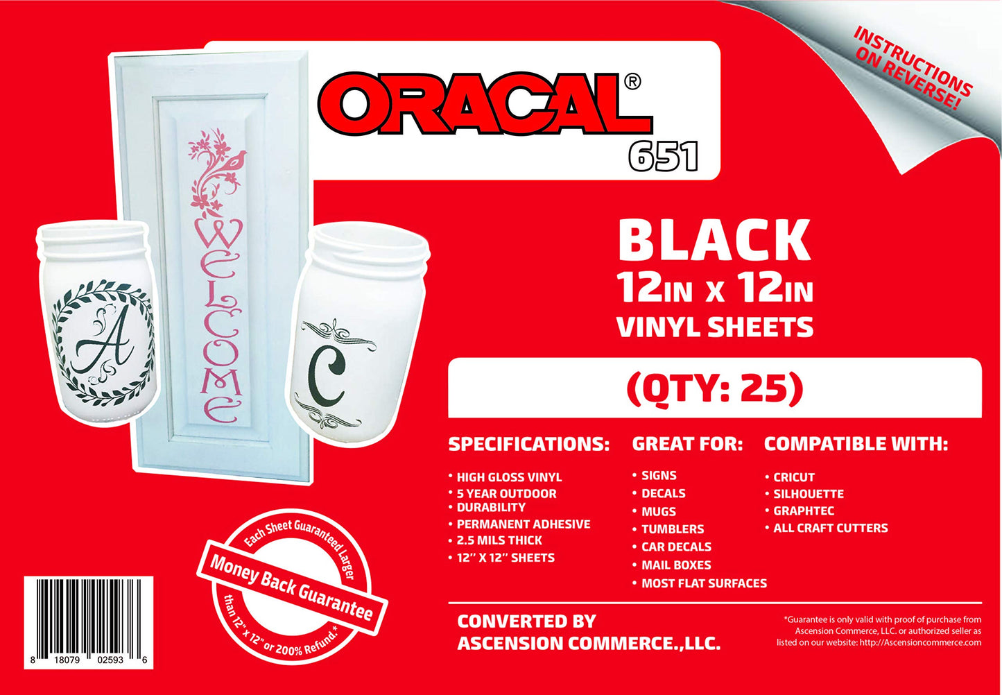 Oracal 651 Premium Vinyl Permanent Self-Adhesive Vinyl for Indoor and Outdoors - 12" x 12" Sheets (50)