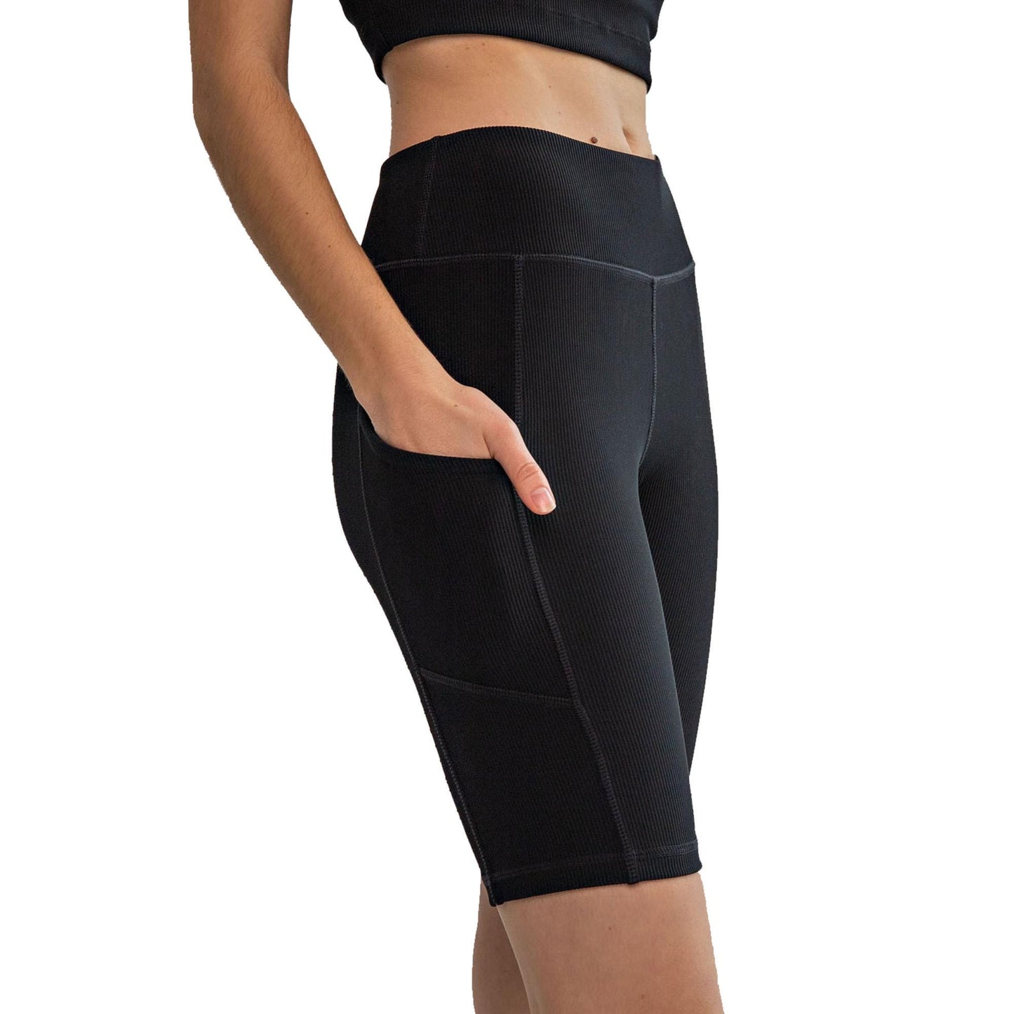 Thick High Waisted Nylon Rib Pocket Shorts, Tummy Control Workout Yoga Shorts, Womens Yoga Shorts with Pockets, Regular Size, Plus Size S-3X