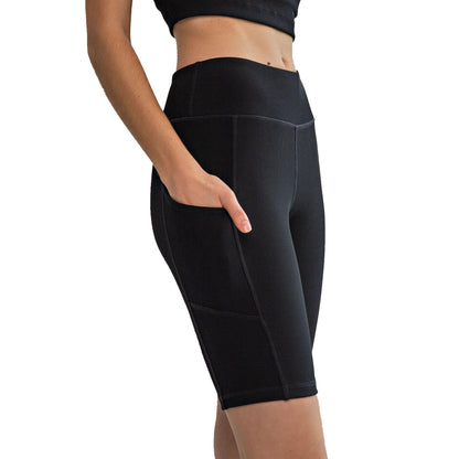 Thick High Waisted Nylon Rib Pocket Shorts, Tummy Control Workout Yoga Shorts, Womens Yoga Shorts with Pockets, Regular Size, Plus Size S-3X