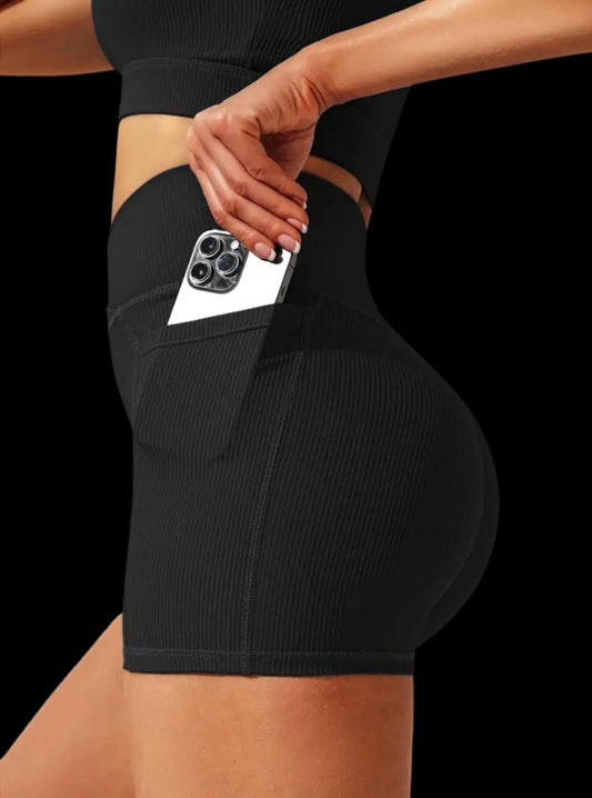 Thick High Waisted Nylon Rib Pocket Shorts, Tummy Control Workout Yoga Shorts, Womens Yoga Shorts with Pockets, Regular Size, Plus Size S-3X
