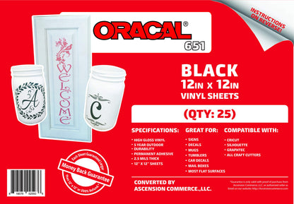Oracal 651 Premium Vinyl Permanent Self-Adhesive Vinyl for Indoor and Outdoors - 12" x 12" Sheets (50)