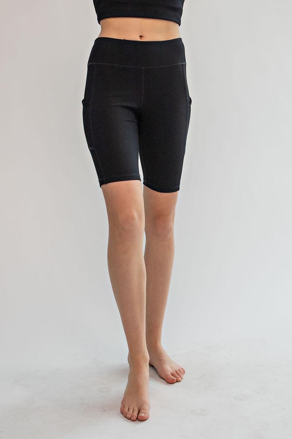 Thick High Waisted Nylon Rib Pocket Shorts, Tummy Control Workout Yoga Shorts, Womens Yoga Shorts with Pockets, Regular Size, Plus Size S-3X