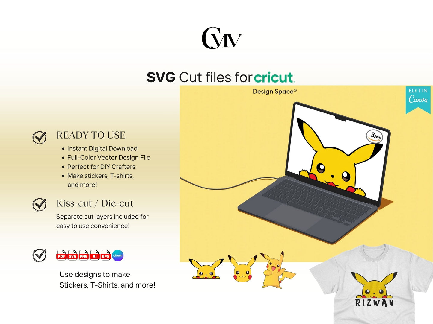 Pokemon Pikachu PNG Clipart SVG Cut files for Cricut 3 Pack Bundle Instant Download
